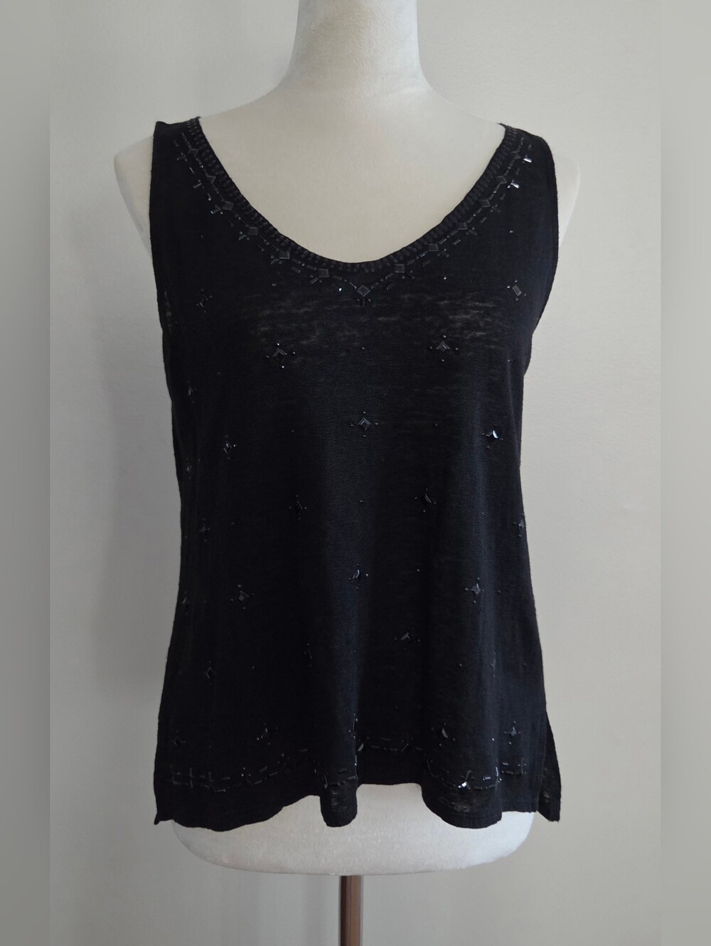 White House Black Market Black Beaded V-Neck Linen Tank